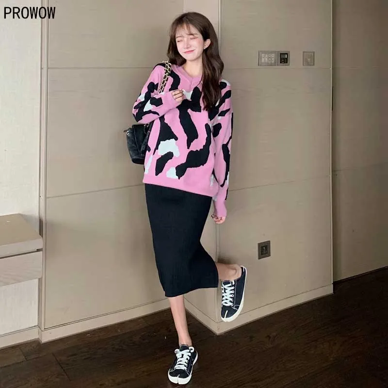 

2020 Autumn Women'S Knitted Leopard Print Top Sweater + Skirt Two Piece Set Ladies Elegant Sweater Outfits Women 2 Piece Sets