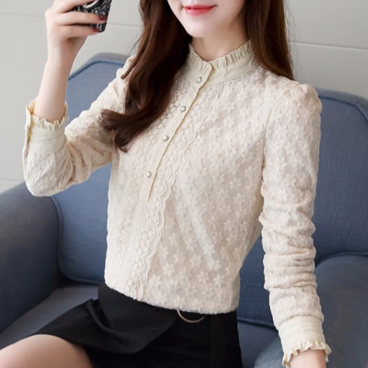 

2019 Autumn And Winter New Style Korean-style Stand Collar Lace Base Shirt Brushed And Thick Hollow out Women's Long Sleeve Shir
