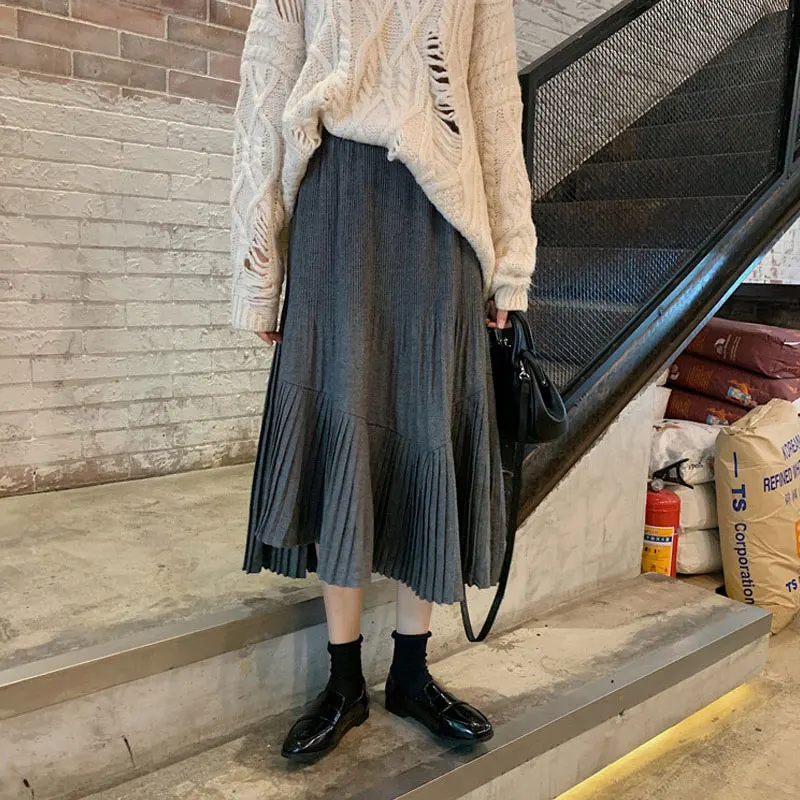 Grey Skirt Однотонная черная серая Женская плиссированная юбка миди Faldas Mujer винтажная Офисная женская элегантная шикарная Зимняя юбка до середины икры с высокой талией - Цвет: Grey Skirt