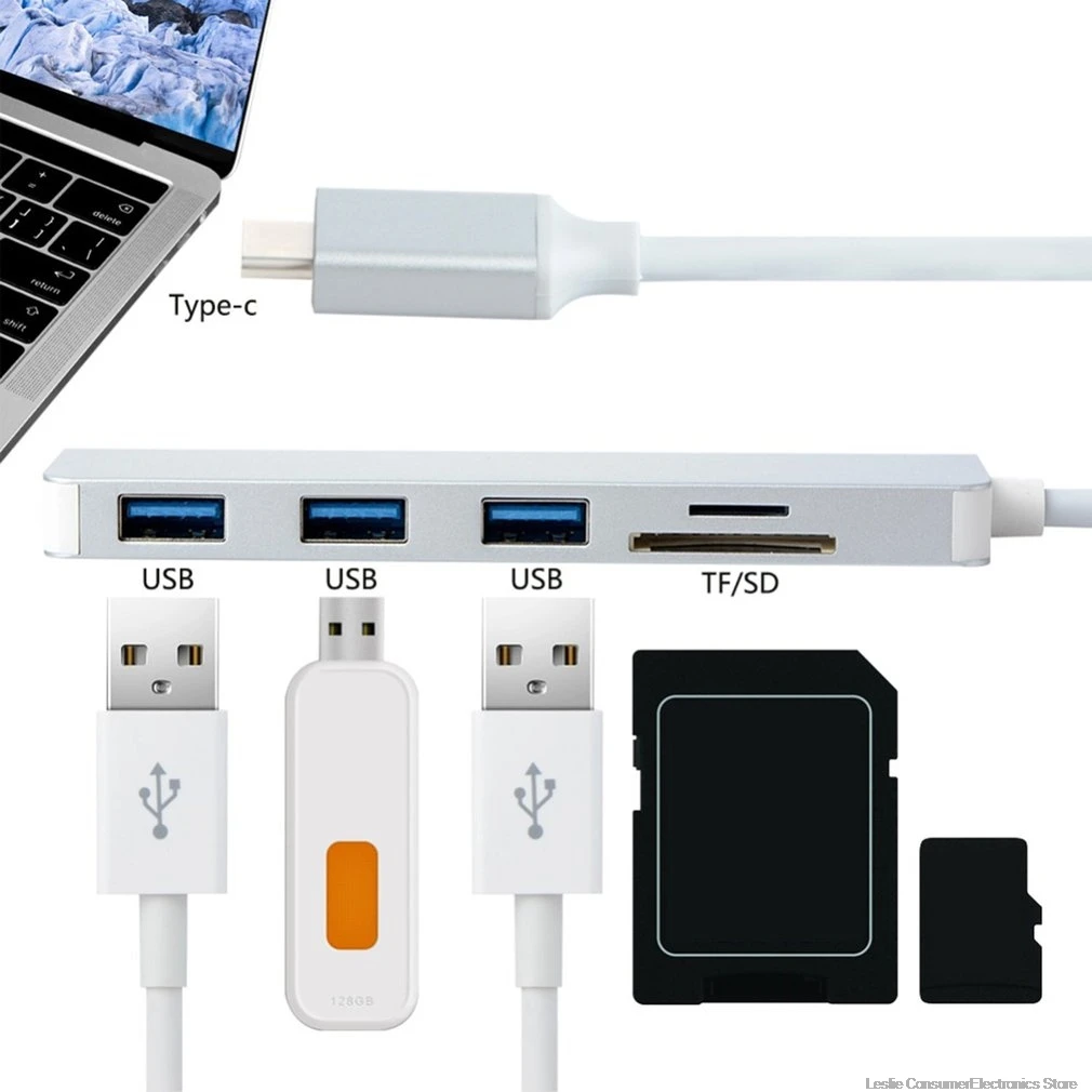 5-in-1 Type-C HUB Aluminiu Alloy USB-C Adapter USB 3.0 Port SD/TF Card Reader For Xiaomi Mi Notebook Air 12.5 13.3" Laptop Case