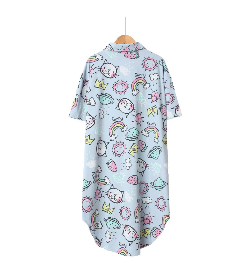 Rainbow Cat Cartoon Graffiti Women Sleepwear Cotton Nightgowns Short Sexy Nightwear Turn-down Collar Sleepshirts Sleeping Dress