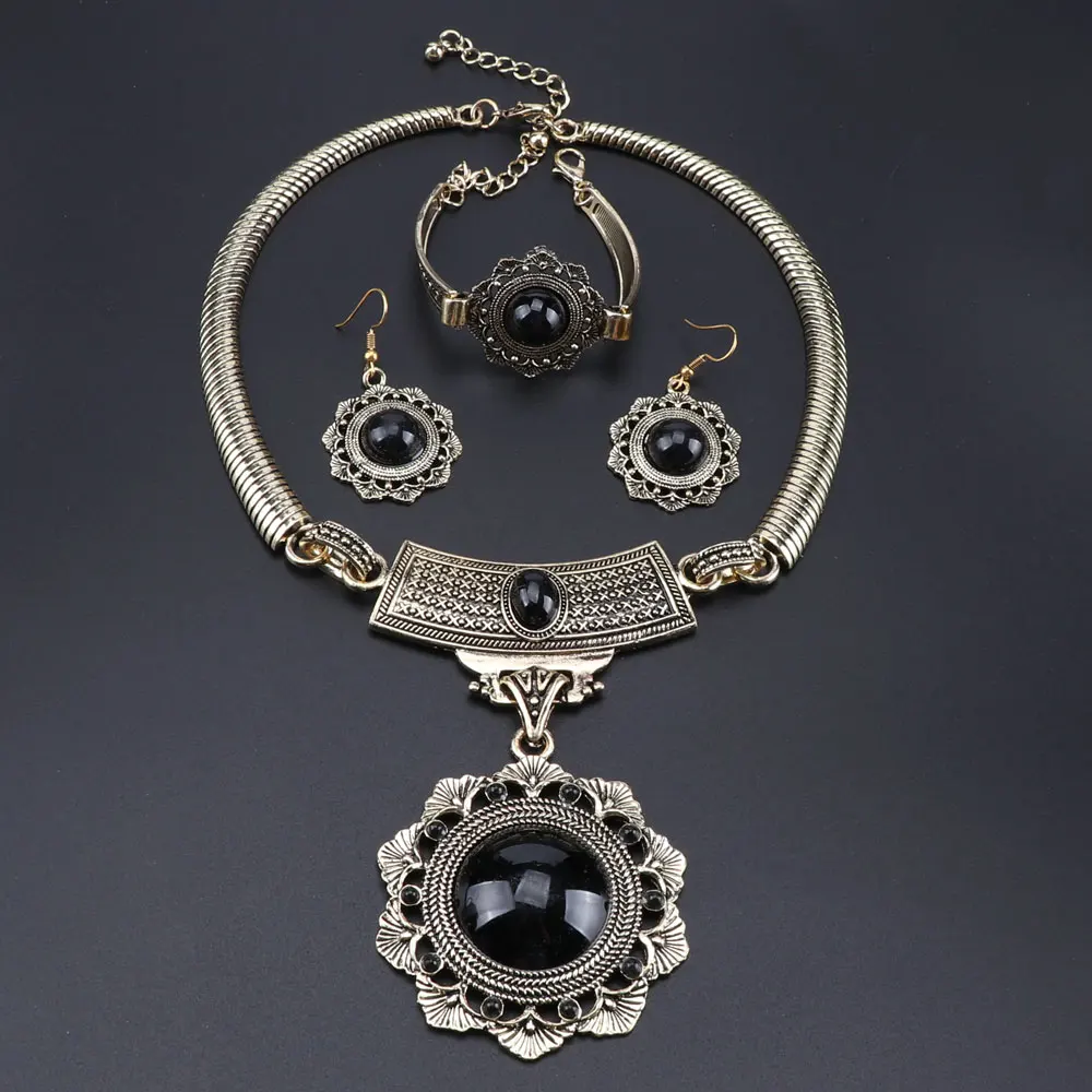 Винтажный цветок в форме Jewelry ISES ювелирный набор ожерелье серьги браслет для женщин антикварные модные золотые ювелирные изделия - Окраска металла: Black