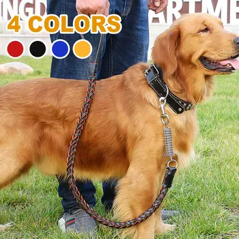 

Deluxe Genuine Leather Dog Leash Studded Collar Handmade Braided Leather Elastic Leashes Lead Heavy Duty Large Dogs Leash Set