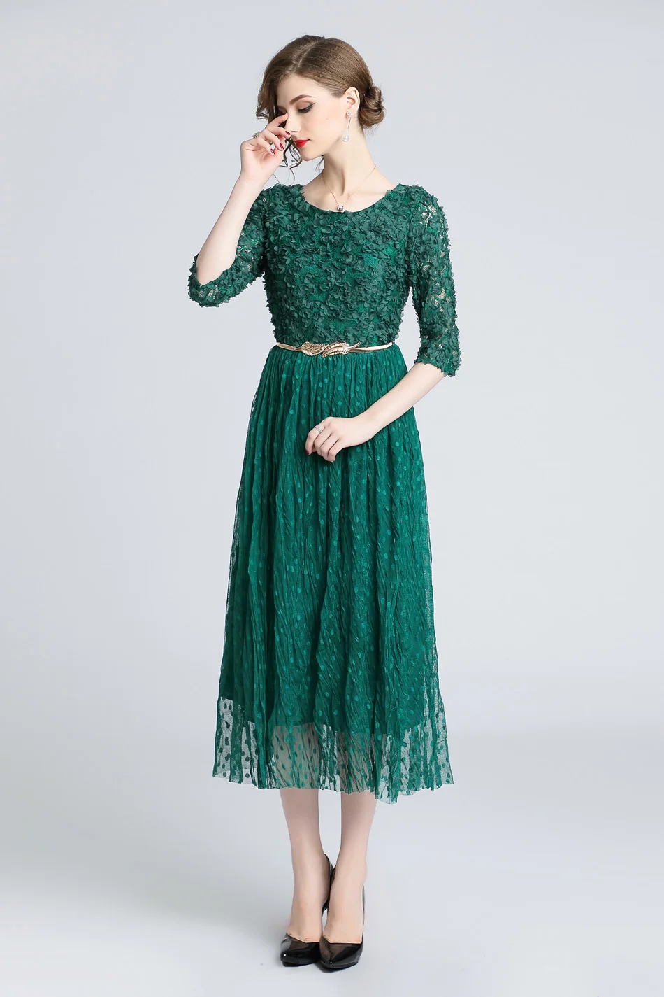 Queen Dot pleats Mesh Dress Work Casual Slim Fashion O-neck Sexy Dresses Women A-line Vintage