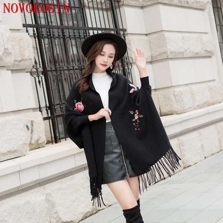

SC357 2019 Solid Embroidered Out Wear Tassel Scarf Winter Faux Cashmere Knitted Poncho Women Cardigan Female Long Sleeves Cloak