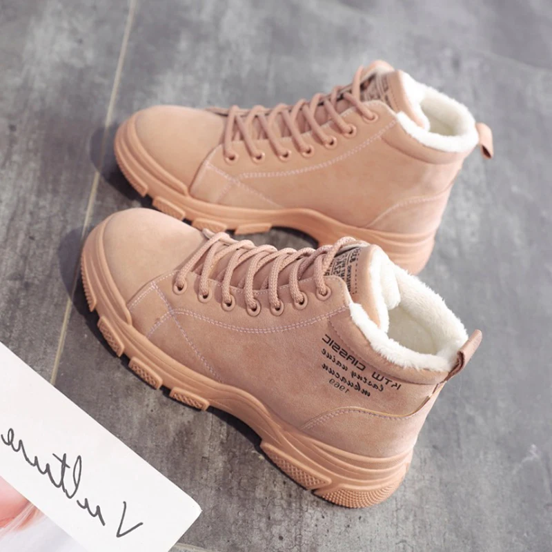 pink winter shoes Женская зимняя обувь; коллекция года; женская повседневная обувь из флока; модная теплая плюшевая женская обувь на плоской платформе; высокие кроссовки на шнуровке - Цвет: pink winter shoes