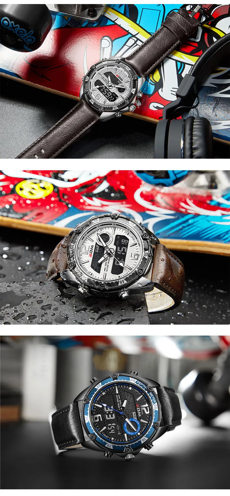KDM, кожаный ремешок, мужские часы, двойной кварцевый цифровой дисплей, циферблат, окно, наручные часы, Relogio Masculino, 30 м, водонепроницаемые мужские часы