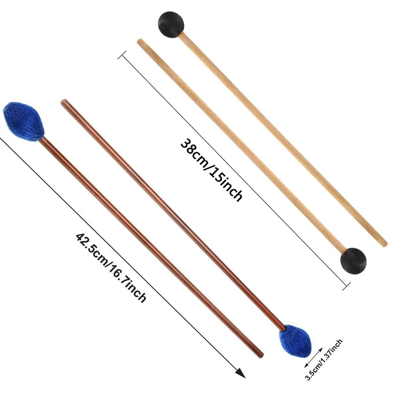 1 пара средней жесткой пряжи Marimba Mallets и 1 пара резиновых молотков с деревянной ручкой для ударных колокольчиков Glockenspiel