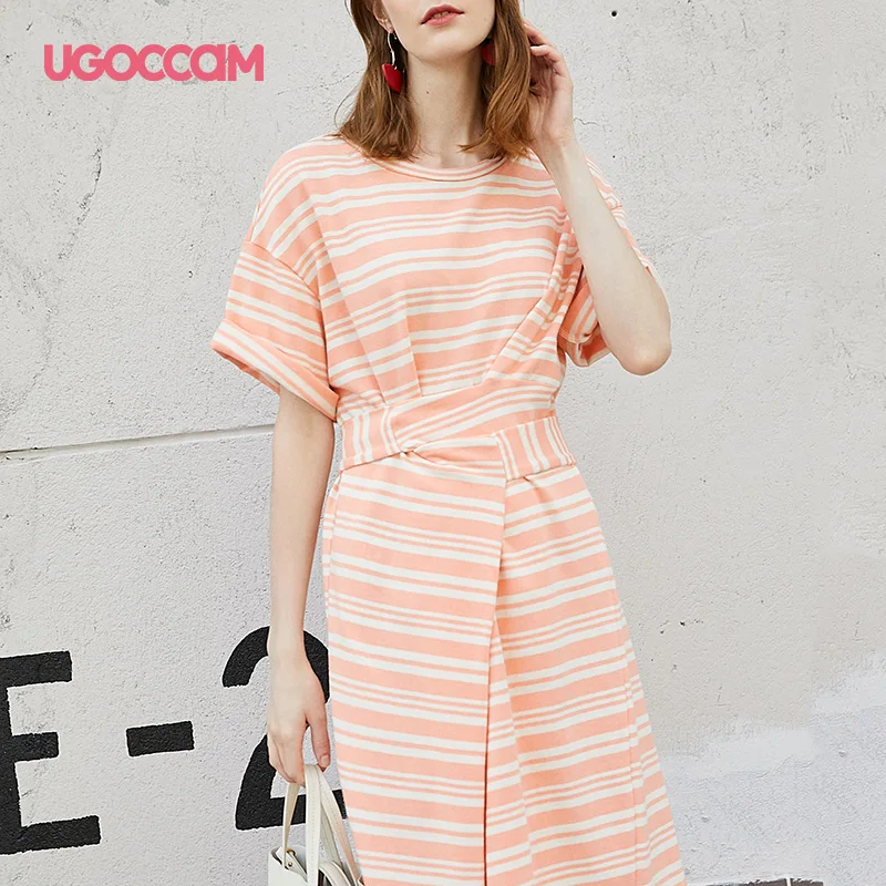 

UGOCCAM Striped Dresses Summer Solid Color Belt Round Neck Short sleeve Dress Casual Elegant Slip Dress vestido mujer