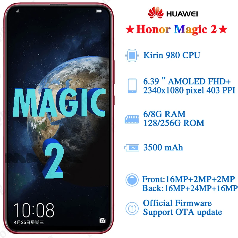 Honor Magic 2 Мобильный телефон Kirin 980 Android 9,0 6,3" AMOLED Полный экран 6* камер 8 ГБ ОЗУ 256 Гб ПЗУ 40 Вт супер зарядное устройство NFC MHL
