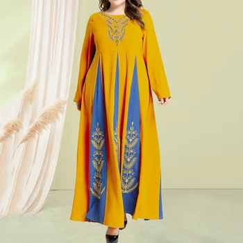 

Middle East Dress Muslim Women Fashion Round Collar Long Sleeve Embroidered Split National Embroidered Long Dubai Robes