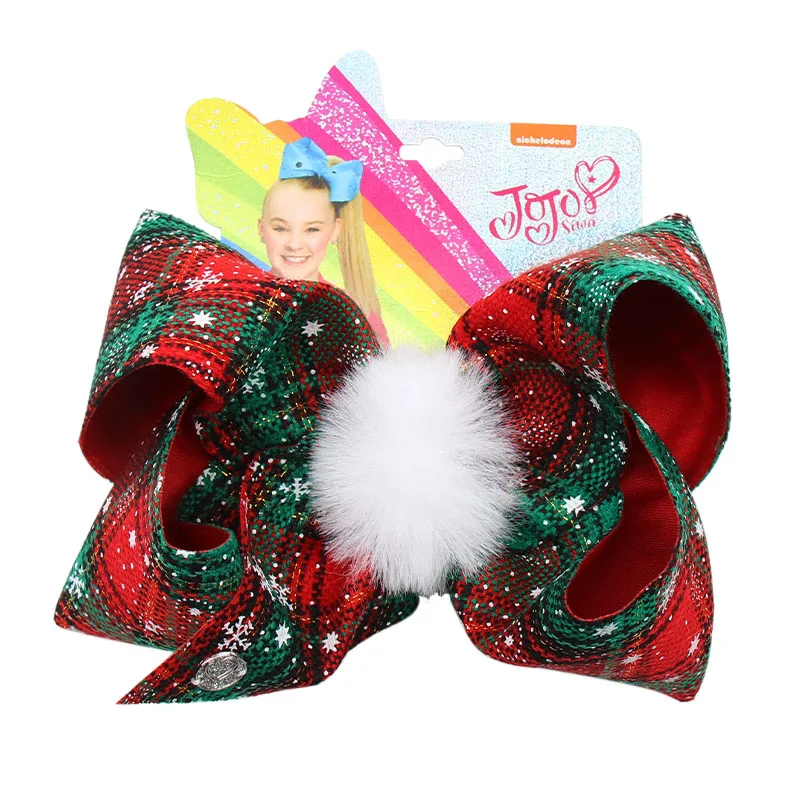 Новые 7 дюймов большие клетчатые банты для волос для девочек заколки для волос рождественские меховые шарики заколки для волос в виде банта Jojo банты/Jojo Siwa вечерние детские головные уборы - Цвет: 2
