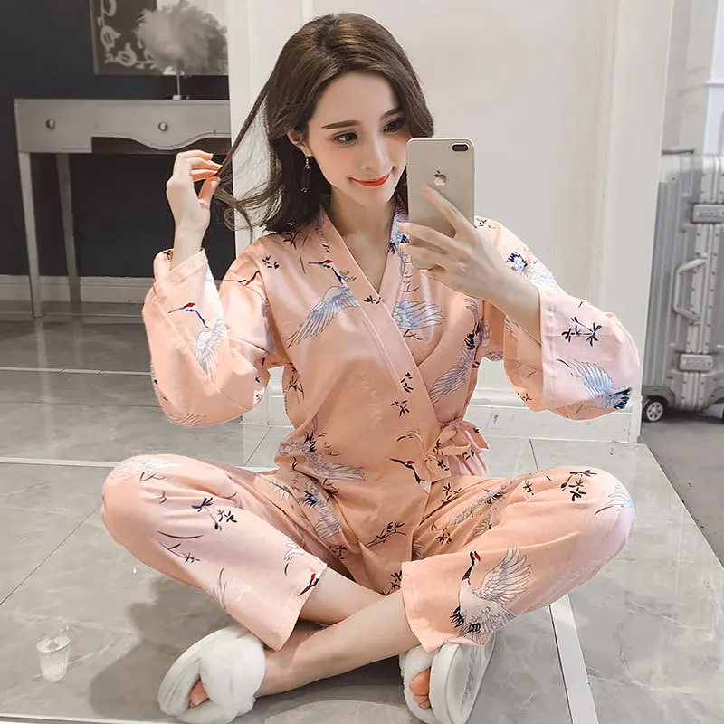 

2018 Spring Pajamas Women Long Sleeve Set V-neck with Drawstring Kimono Two-Piece Set Send Eye Patch Home Wear