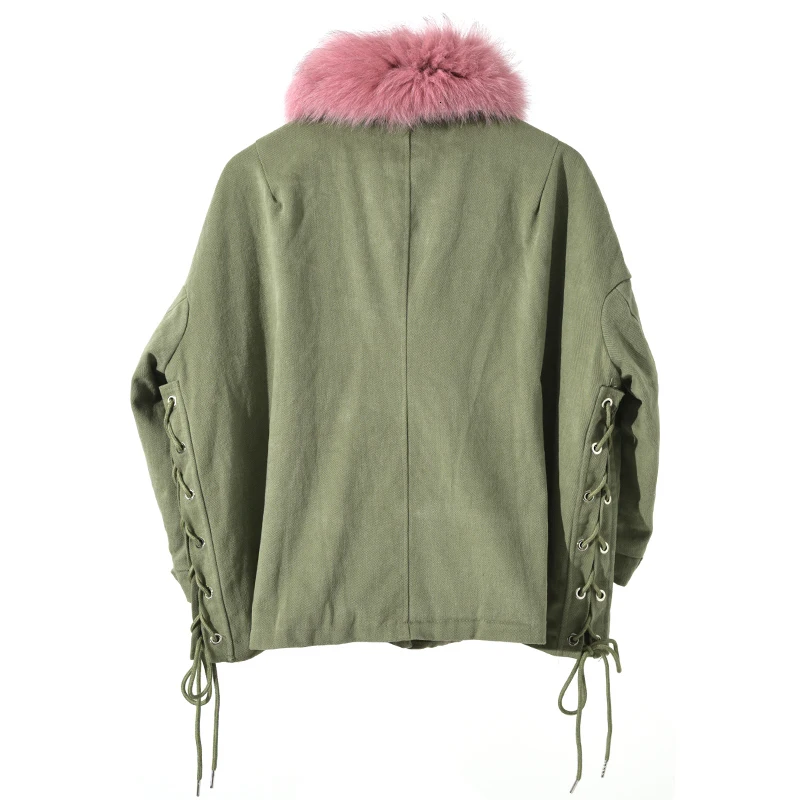[EAM] Loose Fit Green Bandage Big Size Jacket New Fur Collar Long Sleeve Women Coat Fashion Tide Autumn Winter 1K658