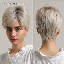 

HENRY MARGU Synthetic Short Wigs for Women Pixie Cut Straight White Grey Hair Wig with Side Bangs Heat Resistant Futura Fiber