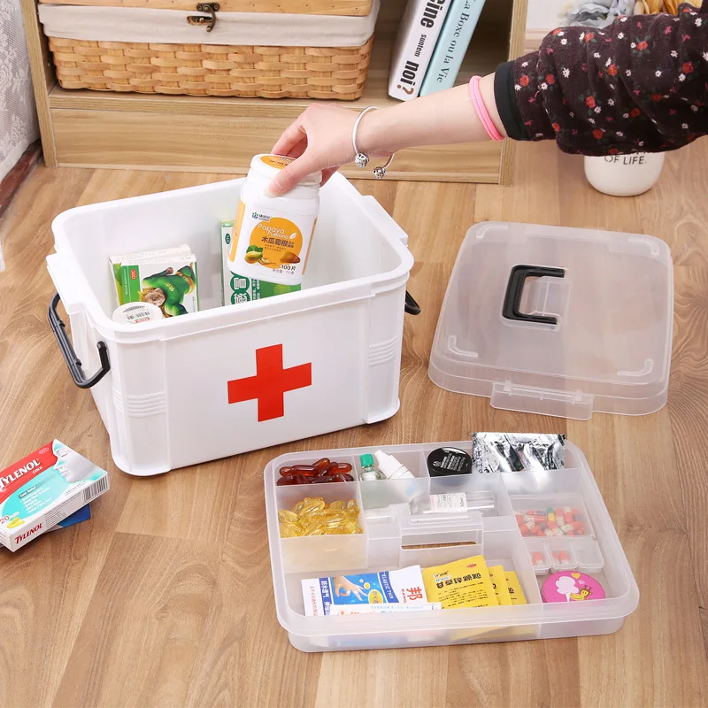 Medium Plastic Medicine Box Double Layer Pharmaceutical Goods Storage Box Home Children Small Medicine Box yi yao First Aid Phar