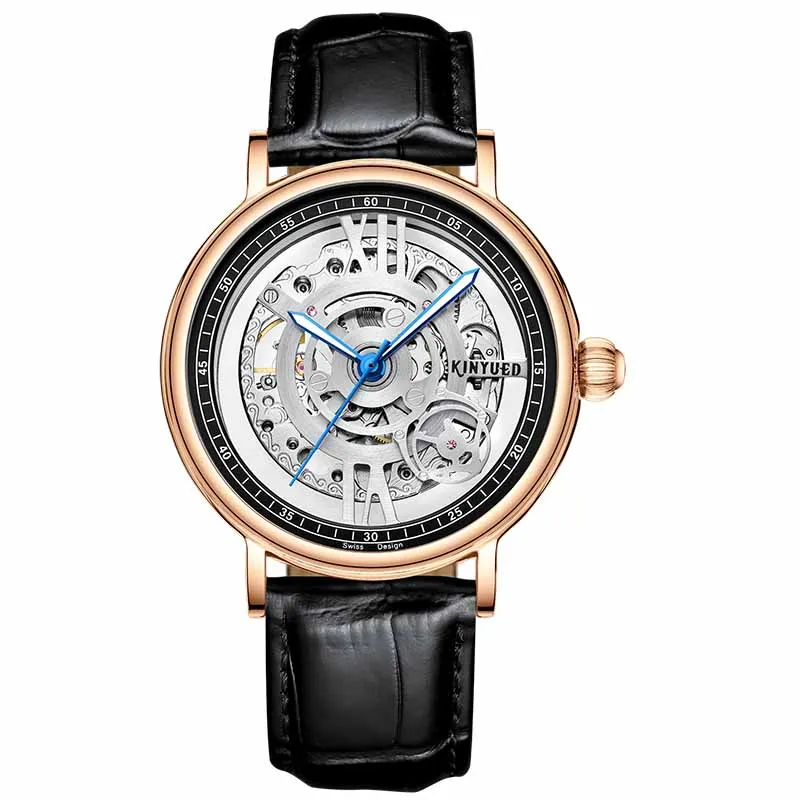 Gold Black Leather KINYUED, дизайн, мужские часы, автоматические, лучший бренд, Роскошные, механические часы с скелетом, мужские, прозрачные, водонепроницаемые, Reloj Hombre - Цвет: Gold Black Leather