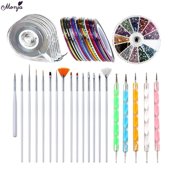

Monja Nail Art Kit Dotting Picking Painting Brush Stripe Tape Line Sticker Empty Box Rhinestone Decoration Wheel Manicure Set
