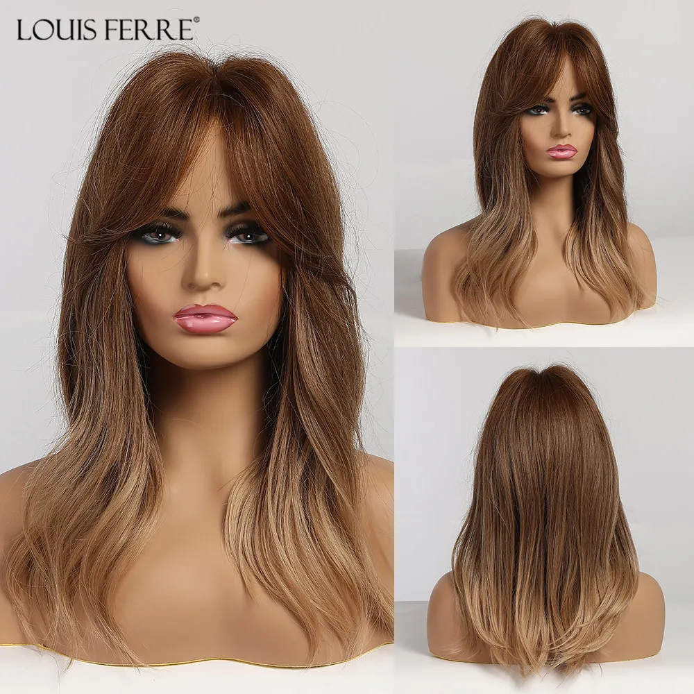 LOUIS FERRE-peluca de cabello sintético para mujer afroamericana, cabellera artificial ondulado con flequillo, longitud media, color rubio miel, alta temperatura