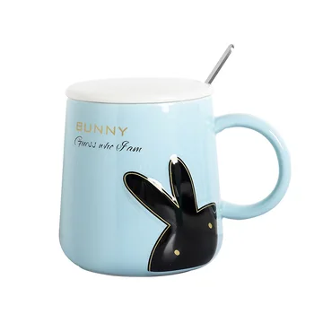 

Ceramic mug Cartoon embossed rabbit mugs with lid spoon,coffee mugs office cup office Drinkware couple cup gift