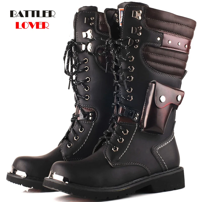 Motorcycle Boots Male Shoes Army Boots Mens Military Boots 2019 Leather Winter Black Cowboy Snow Metal Gothic Pocket Punk Boots