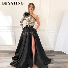 Саудовская Аравия одно плечо рукав черные платья с перьями для выпускного вечера с карманами с высоким разрезом Вечерние платья женские длинные атласные Формальные платья