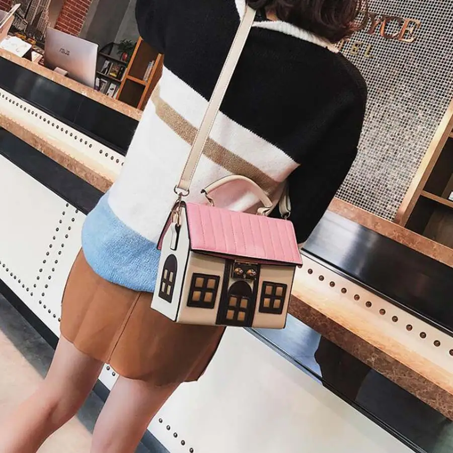 Kopen Grappige Leuke Cartoon Huis Ontwerp Pu Lederen Handtas vrouwen Persoonlijkheid Handtas Dames Schouder Crossbody Messenger Bag Bolsa Nieuwe