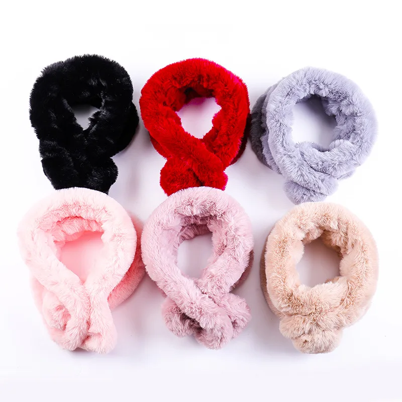 

New autumn and winter children's scarves boys and girls pure color imitation mink plush baby scarf warm thick cross collar bibs