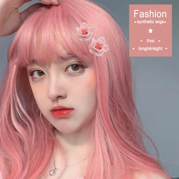 

AILIADE Long Pink Wigs With Bangs Straight Synthetic High Temperature Fiber Wigs Lolita Cosplay for Party Ombre Hair