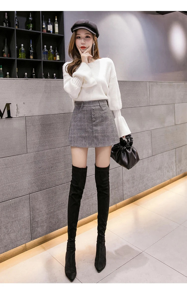 New Fashion Single Breasted High Waist Wool Shorts Skirts Womens Korean Style Plaid Woolen Shorts Woman Winter Boot Shorts