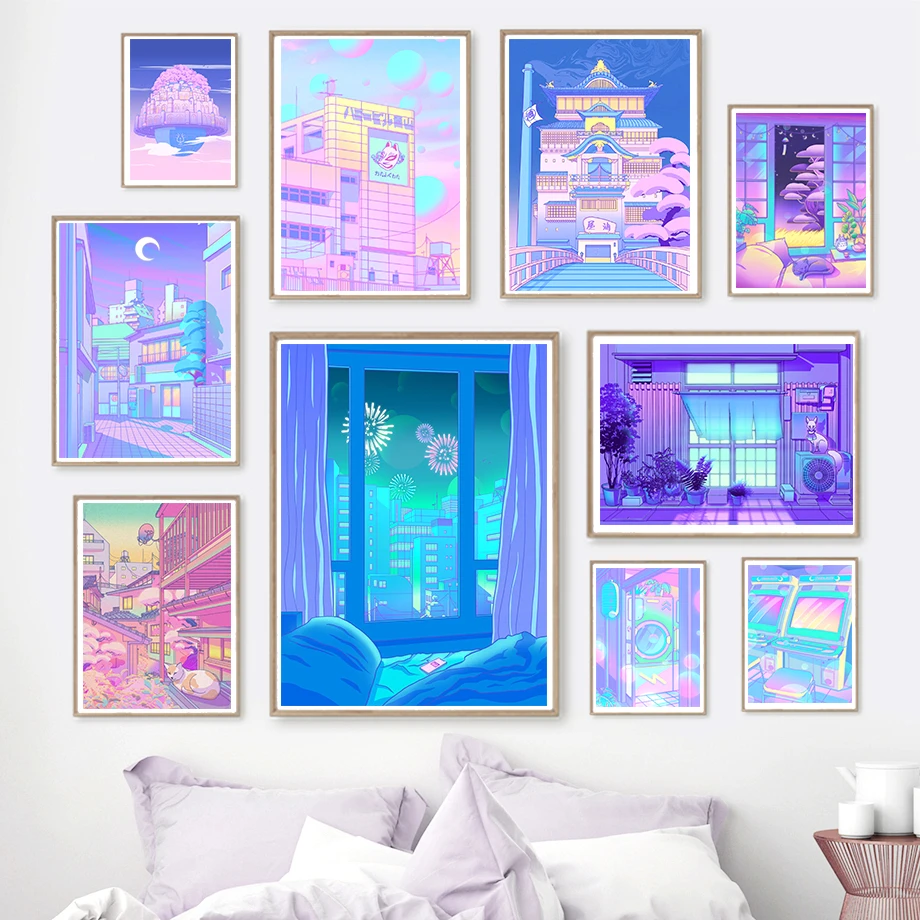 80s Vaporwave Style Poster City Night Street Cat Painting Wall Art Home Bedroom Decoration Kawaii Room Decor Canvas Poster Painting Calligraphy Aliexpress