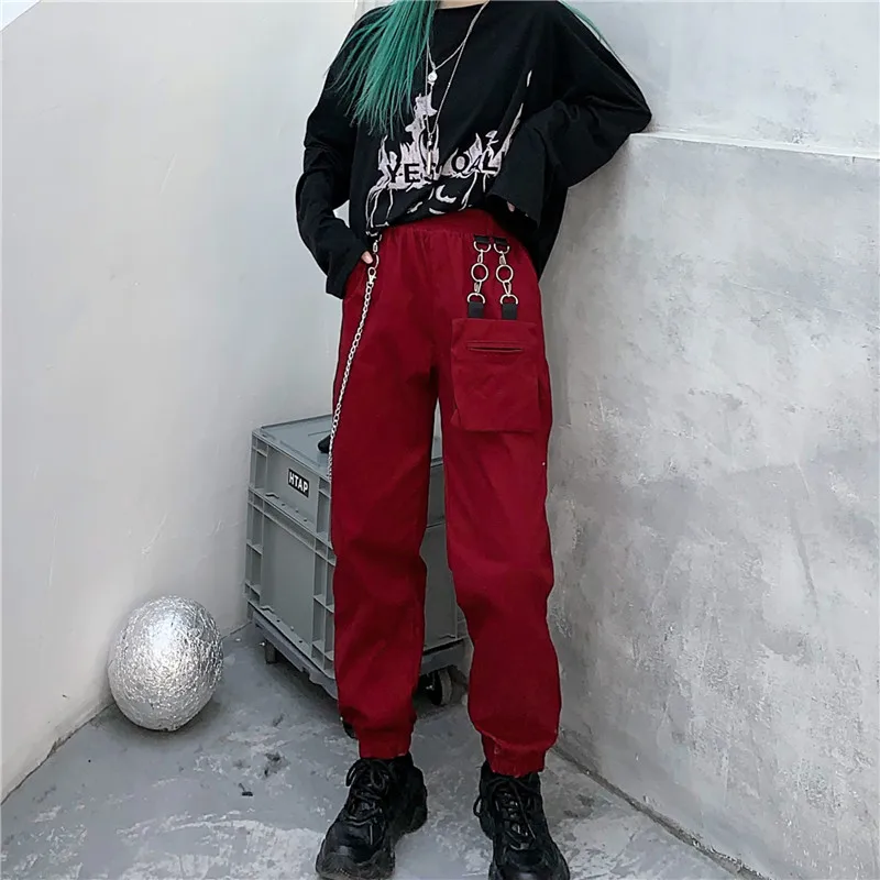 Брюки-карго ins Harajuku, однотонные, с карманами, эластичная резинка на талии, на завязках, свободные, bf, весна-осень, корейский стиль, женская одежда, Капри красного цвета