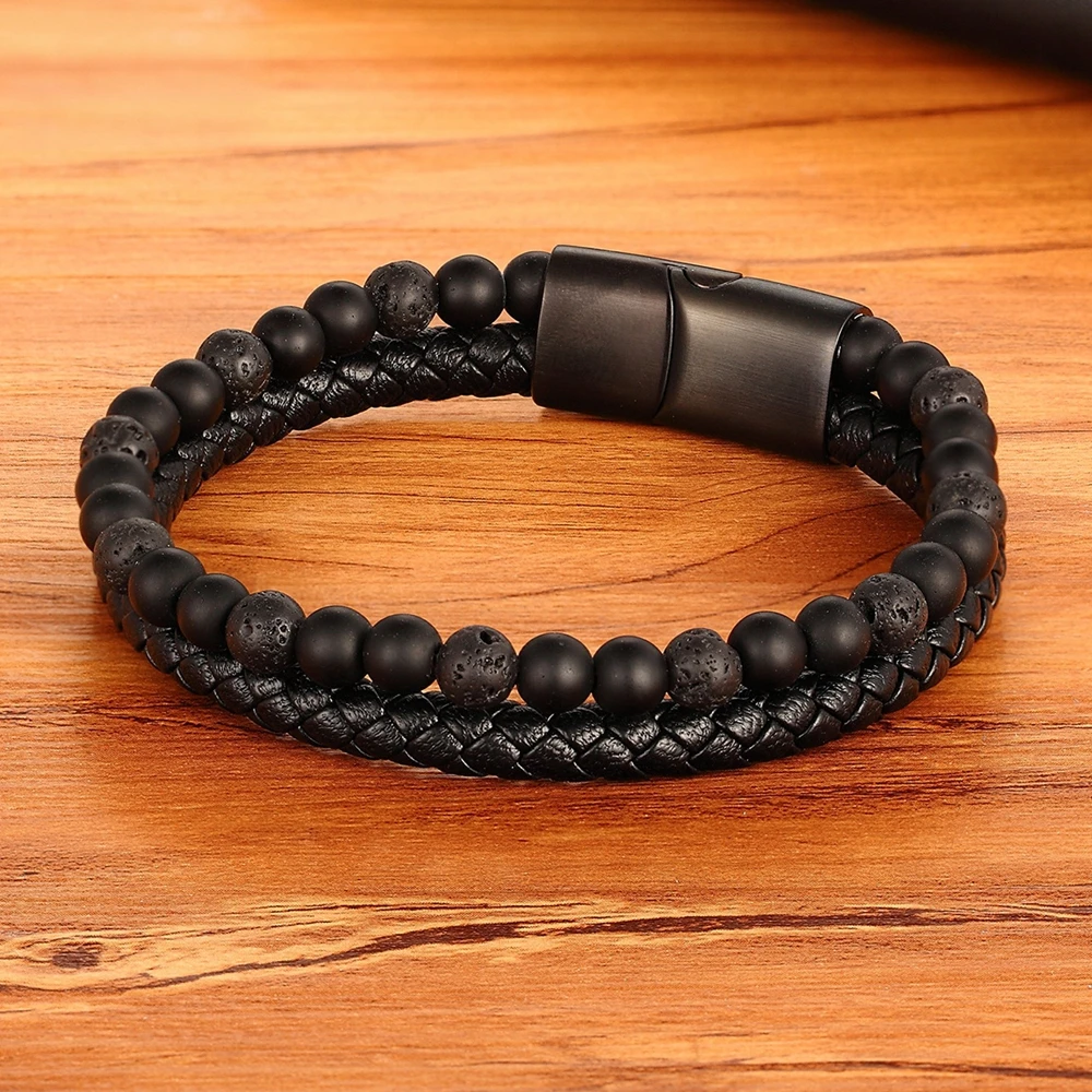 Leather Bracelet TYO Men Natural Stone Beads Double Layer Stainless Steel Magnetic Clasp