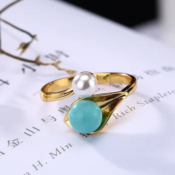 

Solid 925 sterling silver turquoise natural stone and pearl leaf open ring gold-plated Vintage fine jewelry for women
