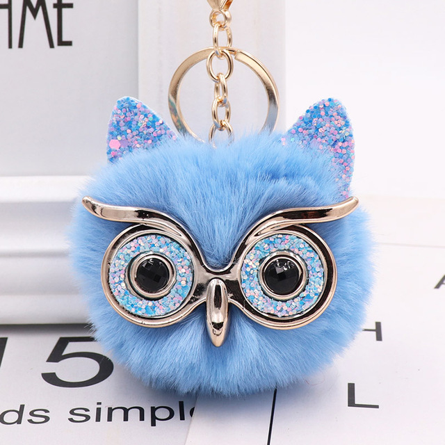 Cute Sequin Ears Owl Keychain Fluffy Artificial Rabbit Hairy Pom-pom Keychain Women's Shoulder Bag Owl Pendant Key Ring