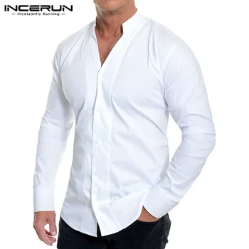 

INCERUN Men Dress Shirt Brand Long Sleeve Solid Button Slim V Neck Breathable Casual Business Men Shirts Camisa Streetwear 2020
