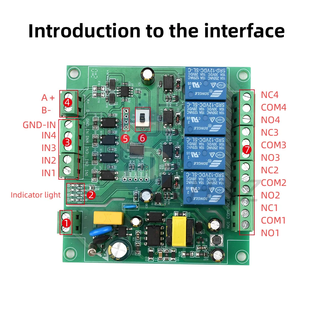 Modbus Rtu Módulo de Relé de Quatro Vias Fonte de Alimentação 220v Rs485 Ttl Uart