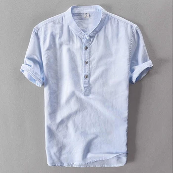 

5 Colors Men's Linen Blend Short Sleeve Shirt Summer Soft Loose Casual Solid Color Shirts Tops Plus Size M-3XL