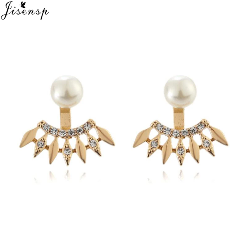 Jisensp Delicate Geometric Mental Ear Jackets Fashion Jewelry for Women Unique Design Pearl Curve Stud Earrings Party Gift