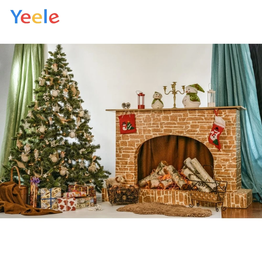 

Yeele Christmas Backdrop Tree Fireplace Indoor Baby Birthday Party Customized Photocall Photography Background For Photo Studio