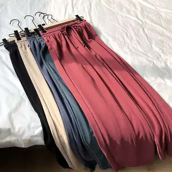 

Women Pants Summer Loose Pants Cool Thin Knitted Pants Vintage Color Trousers Elastic Soft Pants Black Trousers Wide Leg Pants