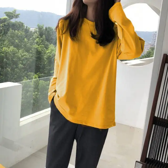 Black White Blue Red Yellow Green Women Solid Color Bottoming Shirt Top Long-sleeved T-shirt Version Loose Versatile 4