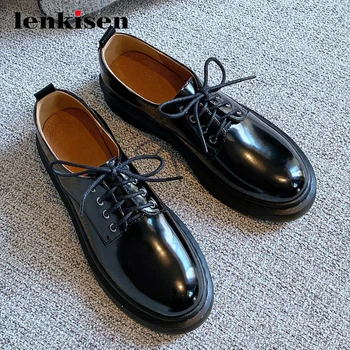 

Lenkisen large size british school maiden dress high quality round toe med square heel lace up daily wear shiny women pumps L91