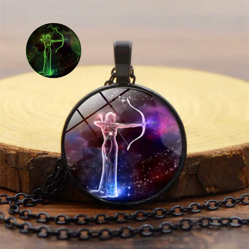 

2019 New 12 Constellation Black Chain Glass Dome Pendant Necklace Women Men Fashion Jewelry Charm Glowing Necklace Gift