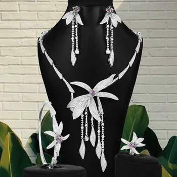 

NEW 4PCS Luxury Flowers Jewelry Sets African For Women Wedding Cubic Zirconia Lariat Neckalce Sets Dubai Bridal Jewelry 2020