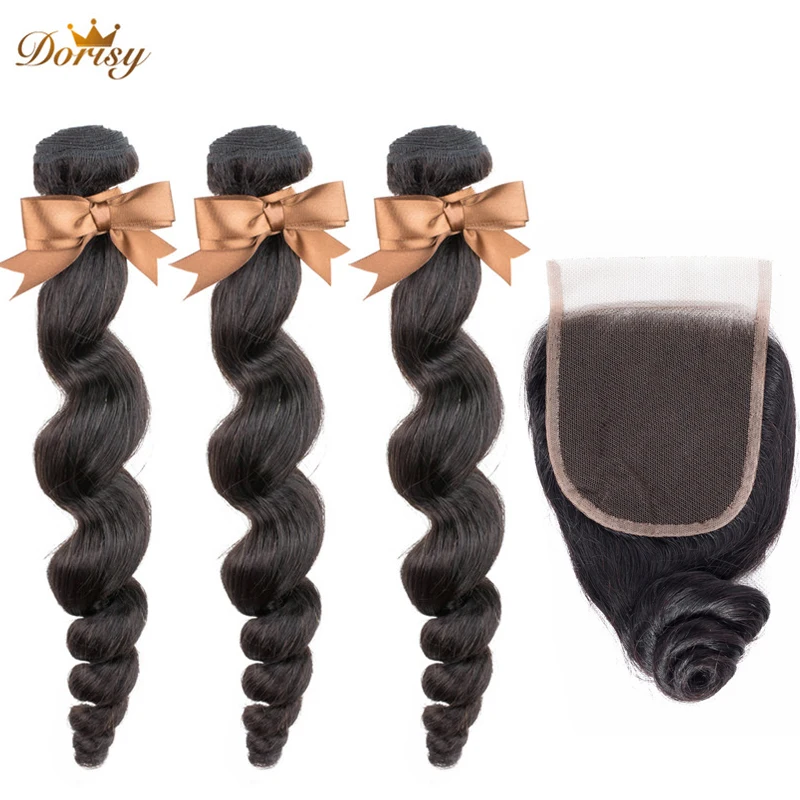 

Brazilian Loose Wave Bundles With Closure 10-24inch Lace Closure With Bundles Dorisy Non Remy Human Hair Extensions
