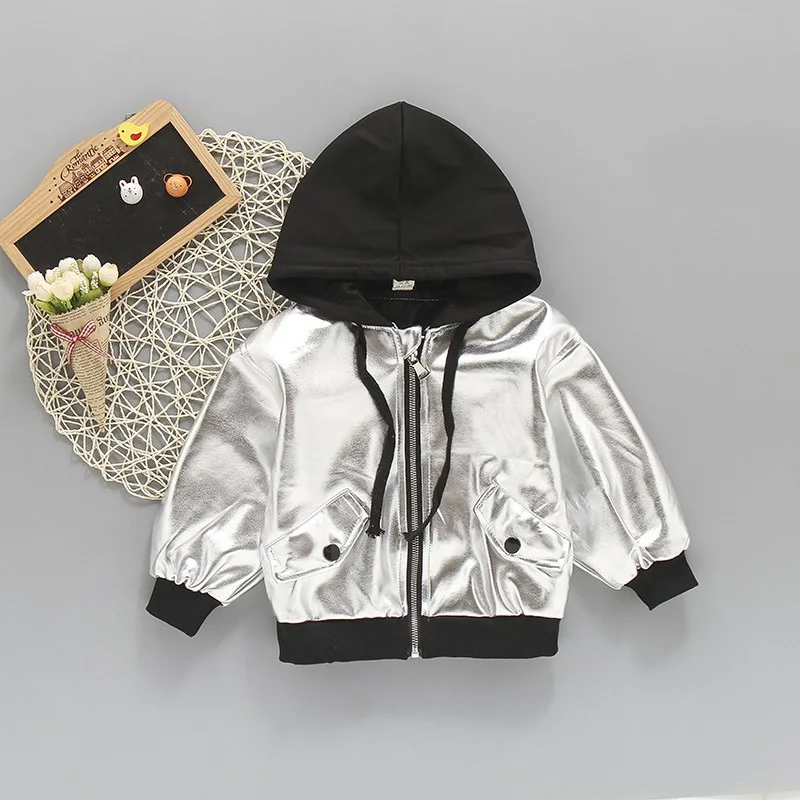Silver VFOCHI/Коллекция года, кожаная куртка для мальчиков и девочек Осенняя детская куртка с капюшоном детская одежда Зимняя верхняя одежда унисекс кожаная куртка для мальчиков и девочек - Цвет: Silver