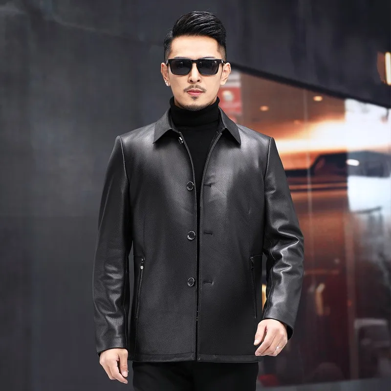 mens sheepskin coat Spring Autumn Genuine Leather Jackets Mens New Cowhide Outerwear Turn-Down Collar Single Breasted Business Male Casual Coat genuine leather coats & jackets