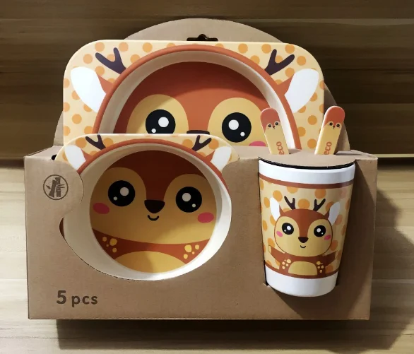 Sika deer 5 шт./компл. детские блюда, детские блюда, блюда с героями мультфильмов, Детские натуральные блюда, бамбуковое волокно, миски, вилки, чашки - Цвет: Sika deer