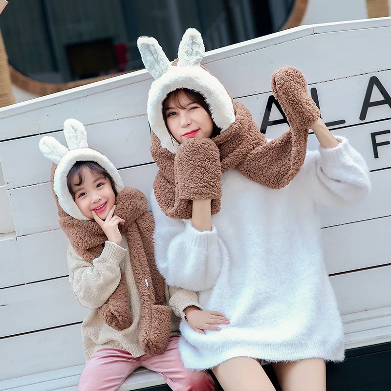 khaki Родитель-ребенок Kawaii шапка с заячьими ушами шарф перчатки для женщин дети зима толстые теплые меховые шапки милые мамы детей уличные снежные шапки - Цвет: khaki